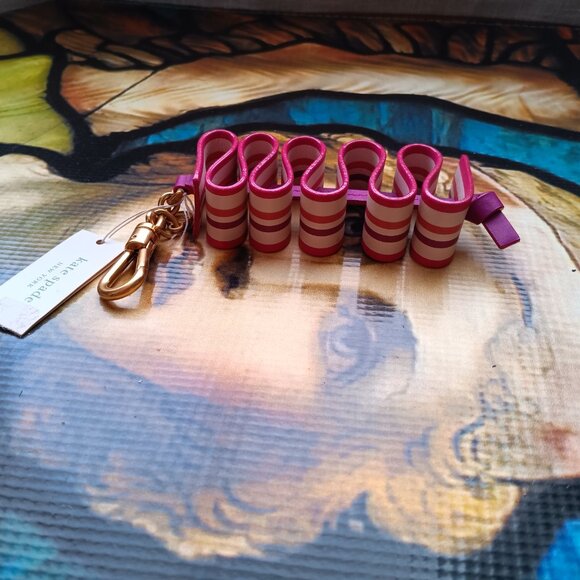 NWT Stocking Stuffer! Kate Spade Ribbon Candy Striped Novelty Key Ring - Picture 2 of 3